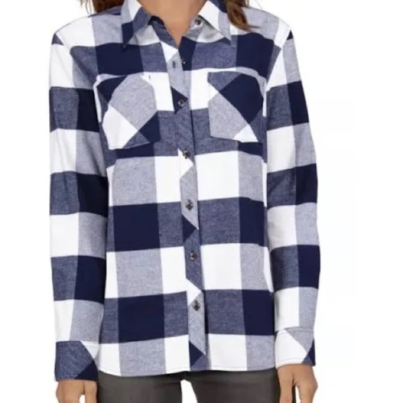 NWT Natural Reflections Navy and White Plaid Shirt - Picture 1 of 6